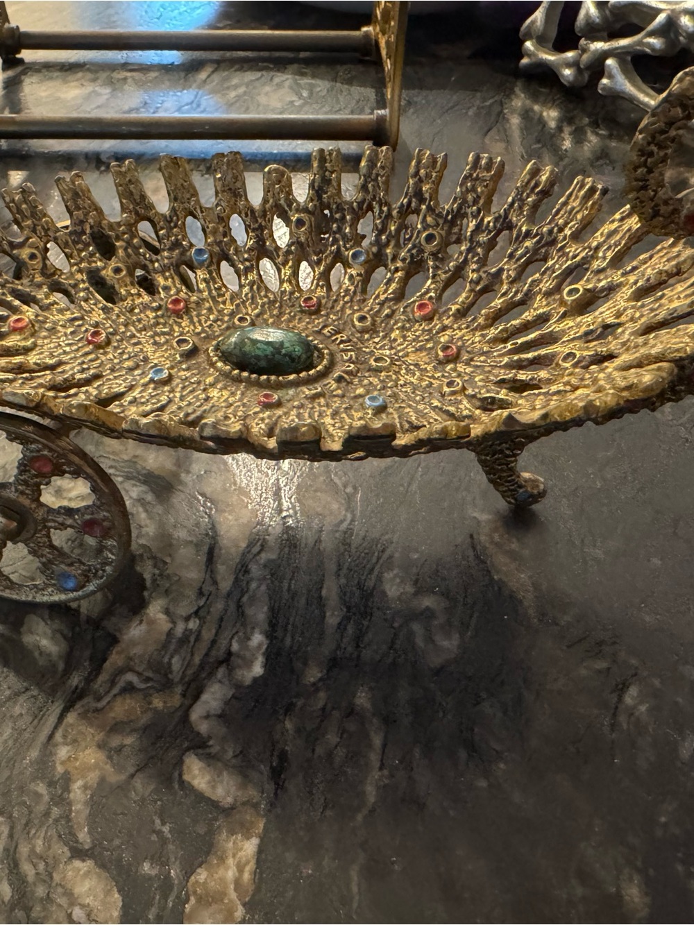 Vintage Weinberg Israel Brutalist Brass Etrog Box-Jerusalem Filgree, Jeweled